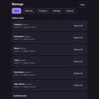 Manage axes: switch the starter ratings on or off, or add your own. Methods, products, settings and backup live in the other tabs