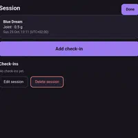 Session overview: details of a logged session, with check-ins attached and options to edit or delete